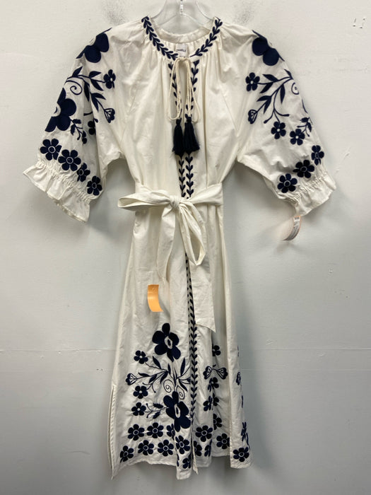 Charlee Size M Navy Blue & White Cotton 3/4 Sleeve Floral Embroidered Midi Dress