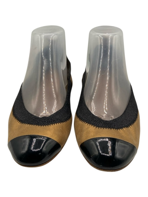 Chanel Shoe Size 39 Gold & Black Leather Elastic Trim Colorblock Cap Toe Flats Gold & Black / 39
