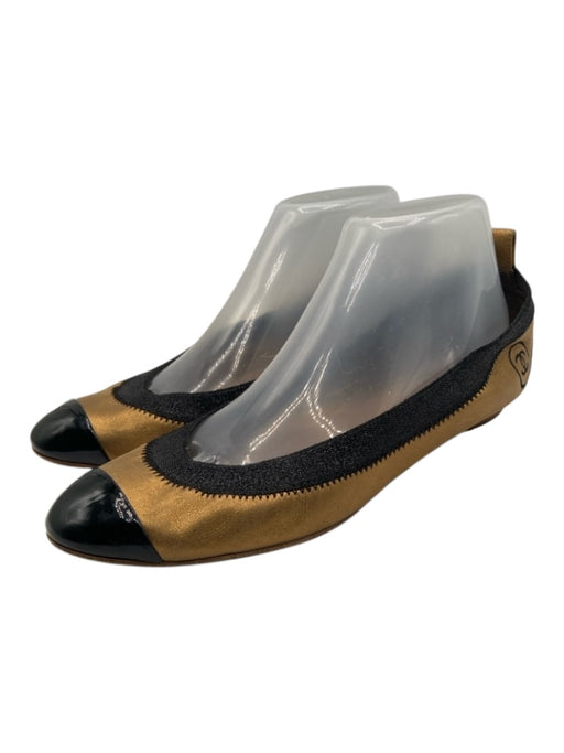 Chanel Shoe Size 39 Gold & Black Leather Elastic Trim Colorblock Cap Toe Flats Gold & Black / 39