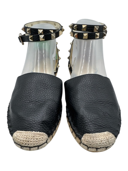 Valentino Garavani Shoe Size 38 Black Pebble Leather Rockstud Espadrille Flats Black / 38