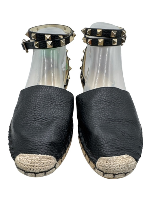 Valentino Garavani Shoe Size 38 Black Pebble Leather Rockstud Espadrille Flats Black / 38
