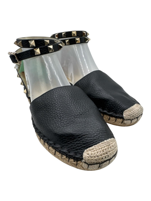 Valentino Garavani Shoe Size 38 Black Pebble Leather Rockstud Espadrille Flats Black / 38