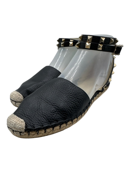 Valentino Garavani Shoe Size 38 Black Pebble Leather Rockstud Espadrille Flats Black / 38