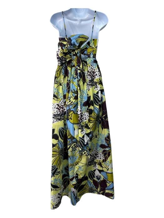 Tanya Taylor Size 0 Green, Blue & Black Polyester Gathered Back Floral Dress Green, Blue & Black / 0