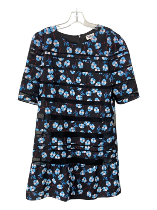 SONIA by Sonia Rykiel Size 40 Black & Blue Print Polyester Floral Back Zip Dress Black & Blue Print / 40