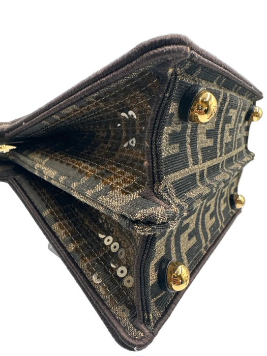 Fendi Brown Canvas Sequin Zucca Monogram Top Handle Crossbody Bag
