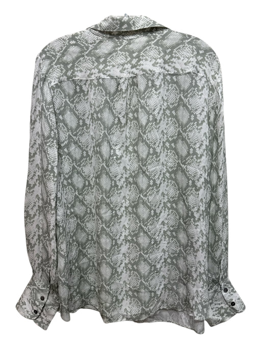 Elie Tahari Size XL Green & White Silk V Neck Snake Print Collar Long Sleeve Top Green & White / XL