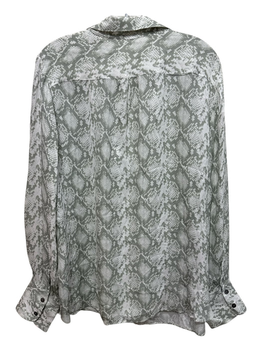Elie Tahari Size XL Green & White Silk V Neck Snake Print Collar Long Sleeve Top Green & White / XL