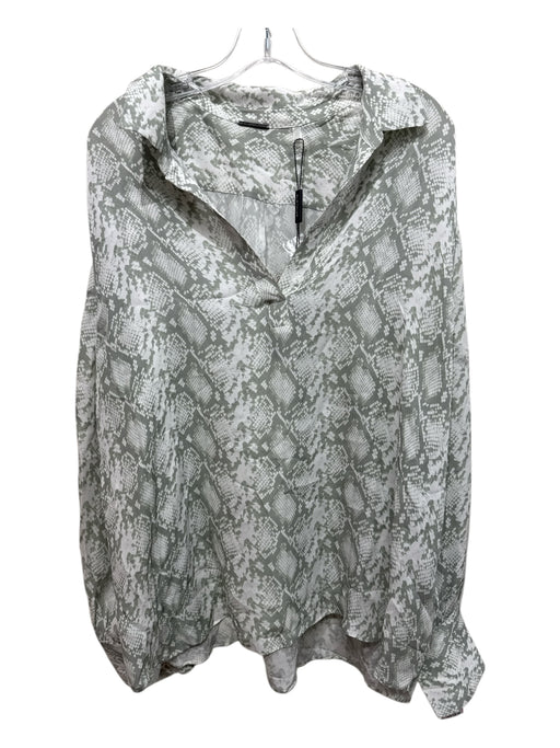 Elie Tahari Size XL Green & White Silk V Neck Snake Print Collar Long Sleeve Top Green & White / XL
