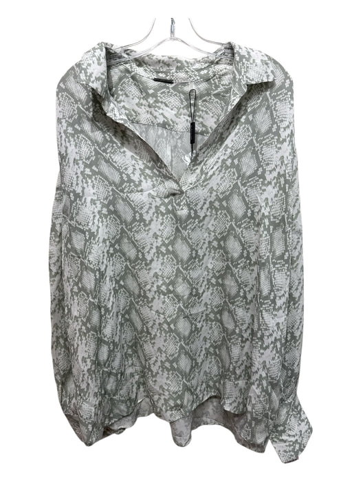 Elie Tahari Size XL Green & White Silk V Neck Snake Print Collar Long Sleeve Top Green & White / XL