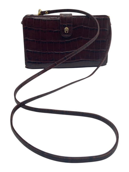Etienne Aigner Burgundy Red Leather Gold hardware Croc Embossed Zip Close Bag Burgundy Red / Small