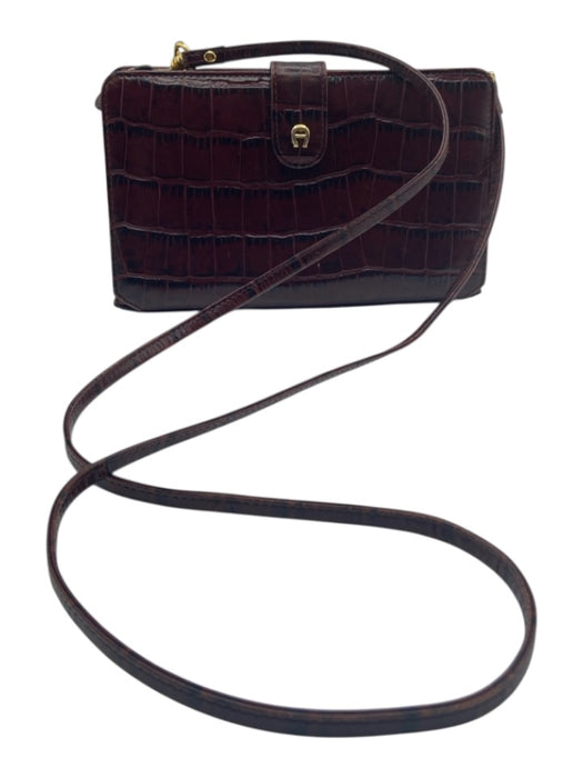 Etienne Aigner Burgundy Red Leather Gold hardware Croc Embossed Zip Close Bag Burgundy Red / Small