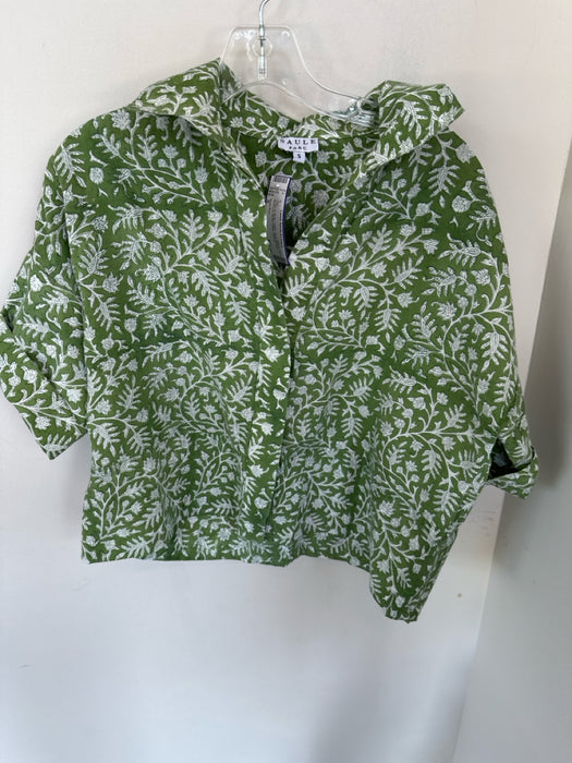 Saule Parc Size S Green & White Cotton Short Sleeve Botanical Button Down Top