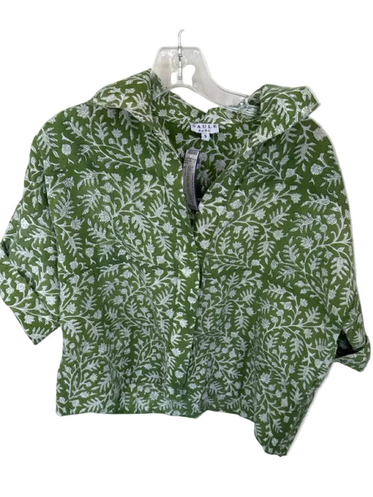 Saule Parc Size S Green & White Cotton Short Sleeve Botanical Button Down Top