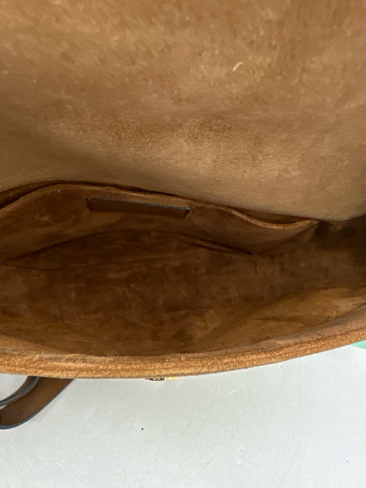 Saint Laurent Tan Brown Suede Gold Studs Flap Satchel Crossbody Strap Bag