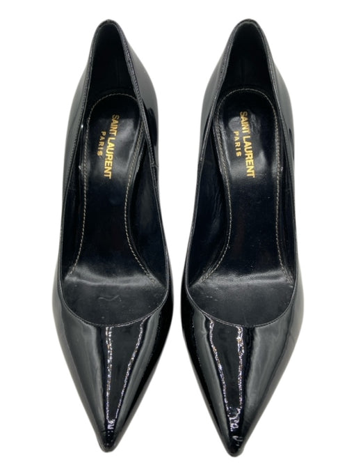Saint Laurent Shoe Size 39.5 Black Patent Leather Pointed Toe Logo Heel Pumps Black / 39.5