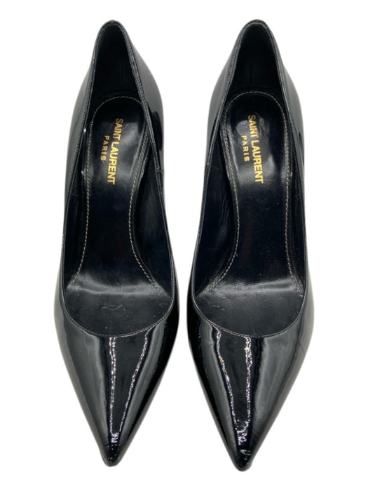 Saint Laurent Shoe Size 39.5 Black Patent Leather Pointed Toe Logo Heel Pumps Black / 39.5