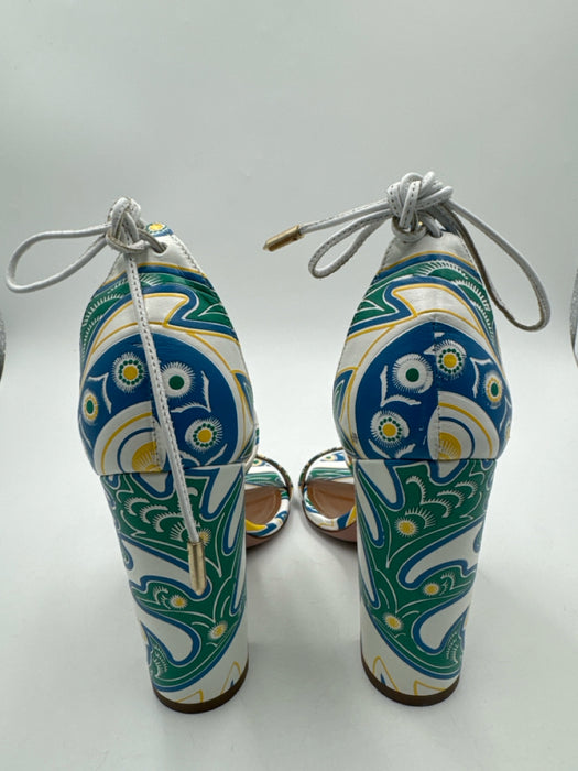 Aquazzura Shoe Size 37 White Blue & Yellow Leather open toe Paisley Pumps