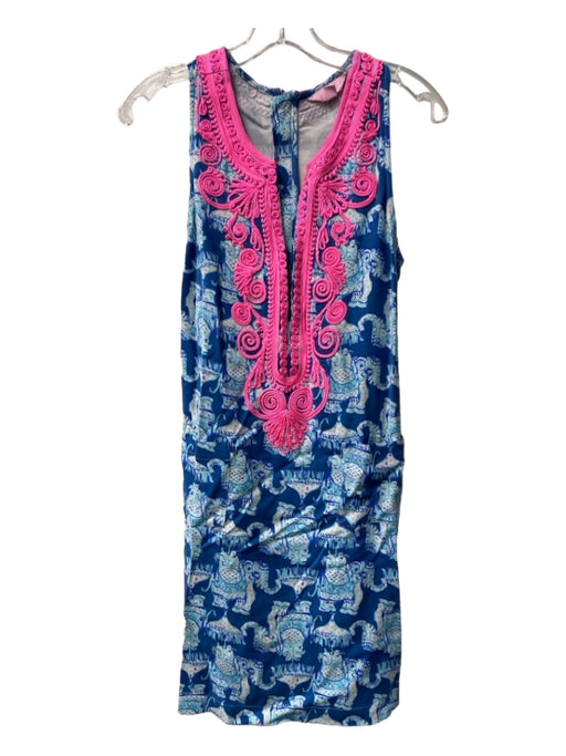 Lilly Pulitzer Size 2 Blue & Pink Rayon Sleeveless Elephant V Neck Dress Blue & Pink / 2