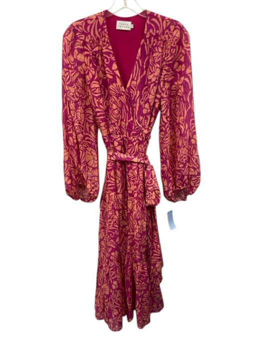 Tanya Taylor Size 2 Pink & Orange Silk Abstract Floral Wrap Midi Dress Pink & Orange / 2