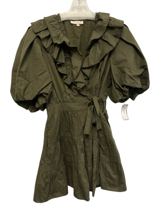 Love The Label Size XS Olive Green Cotton Short Puff Sleeve Open Ruffles Dress Olive Green / XS