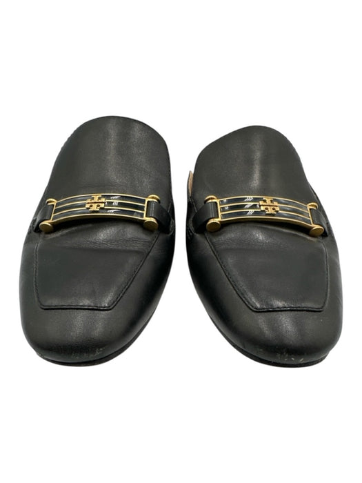 Tory Burch Shoe Size 6.5 Black Leather Round Toe Buckle Logo Mules Black / 6.5