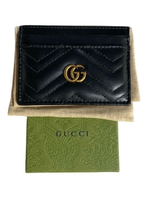 Gucci Black Leather Card Holder Logo Gold Hardware Mini Wallets Black