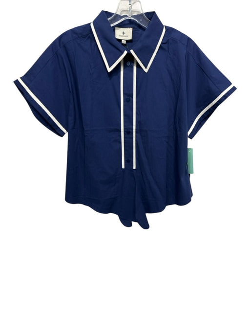 Tuckernuck Size S Navy Blue & White Cotton Contrast Trim Short Sleeve Collar Top Navy Blue & White / S