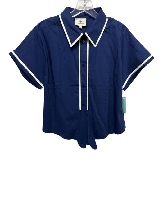 Tuckernuck Size S Navy Blue & White Cotton Contrast Trim Short Sleeve Collar Top Navy Blue & White / S