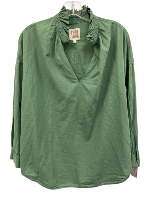 A Shirt Thing Size S Green Cotton Ruffle Trim Oversize Long Sleeve Top Green / S
