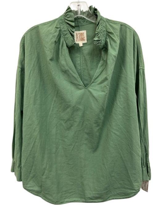 A Shirt Thing Size S Green Cotton Ruffle Trim Oversize Long Sleeve Top Green / S
