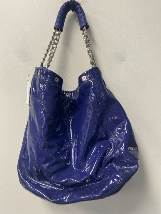 Furla Midnight blue Patent Leather Chain Strap Snap Closure Inside Pocket Bag