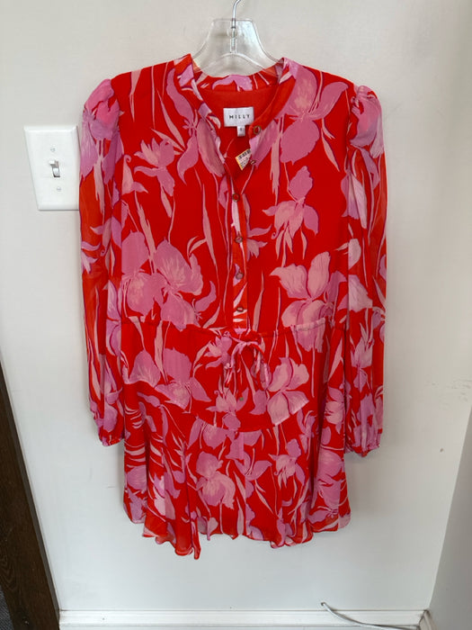Milly Size 2 Orange & Pink Polyester Long Sleeve Mini Button Up Tie Belt Dress