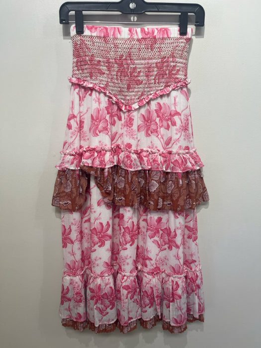 Love The Label Size XS White, Pink, Brown Cotton Floral Tiered Ruffle Maxi Skirt