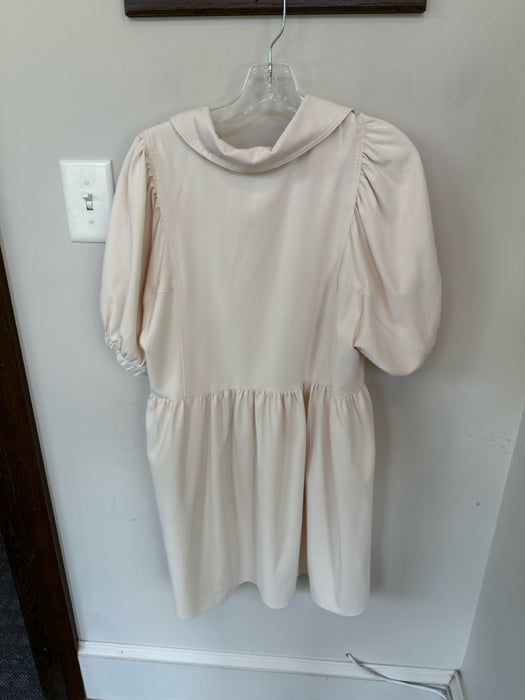 Entro Size M Cream Polyester Short Balloon Sleeve Collar Snap Buttons Dress