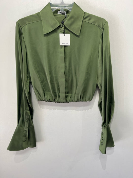 Simkhai Size XS Green Acetate Blend Crop Button Up Elastic Waist Long Sleeve Top