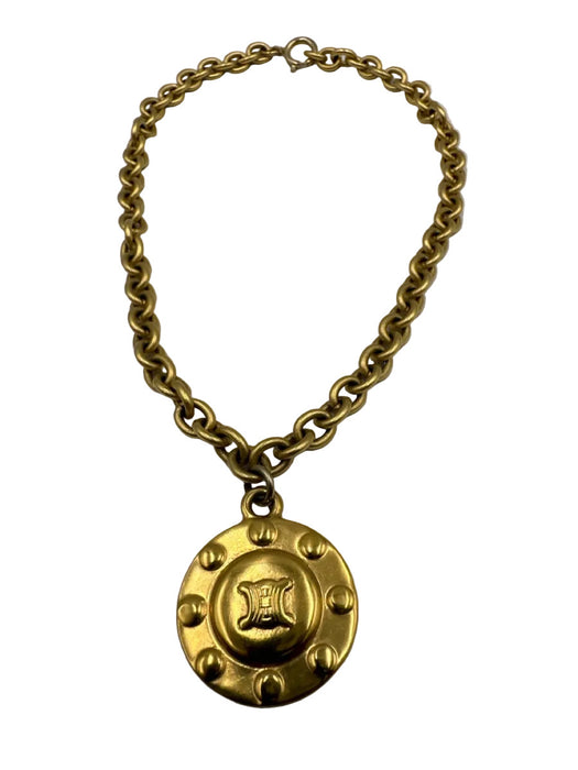 Celine Gold Metal Chain Logo Pendant Necklace