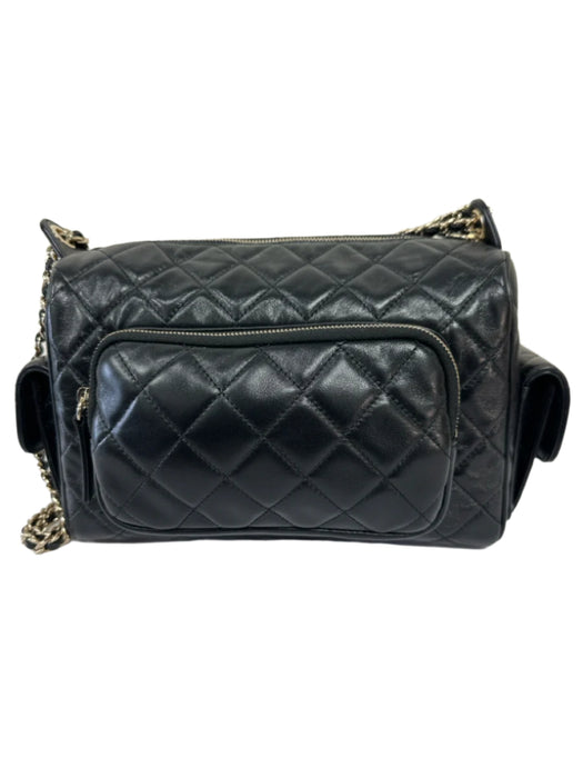 Chanel Black Leather Quilted Shinny Pockets Gold Hardware Bag