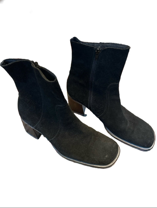 Shoe Size 41 Black Suede Side Zip Block Heel Square Toe Boots