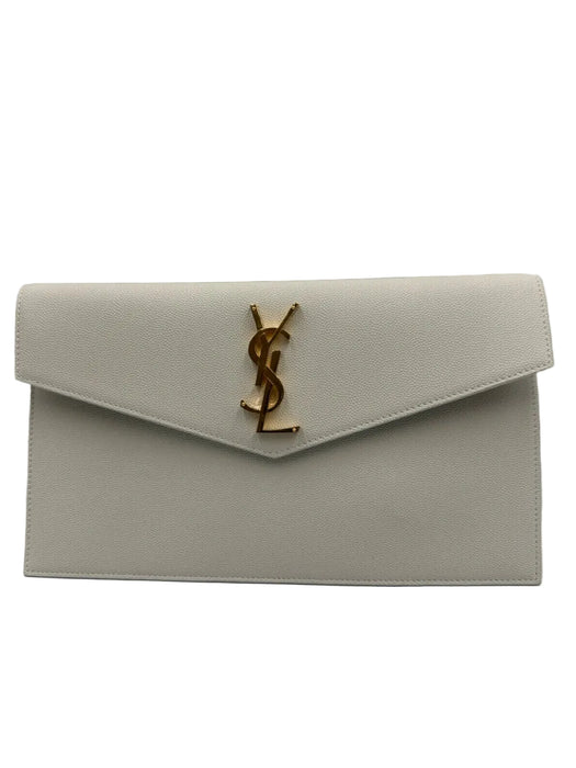 Saint Laurent White & Gold Caviar Leather Flap Logo Envelope Clutch Bag