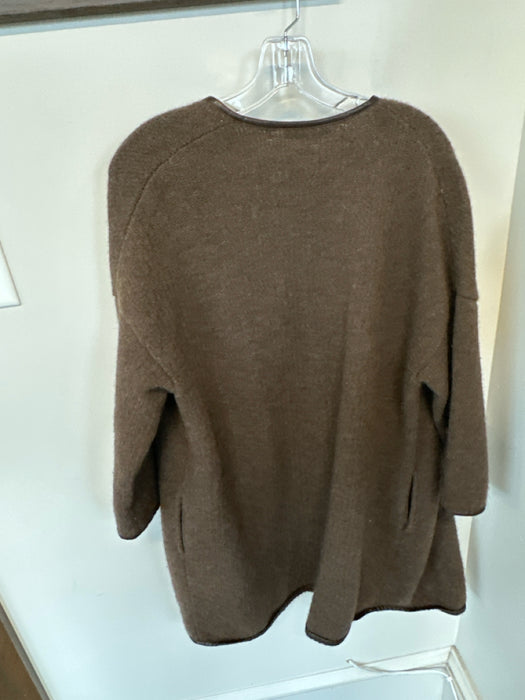 Vince Size M Brown Wool Blend Leather trim Long Sleeve Open Front Coat