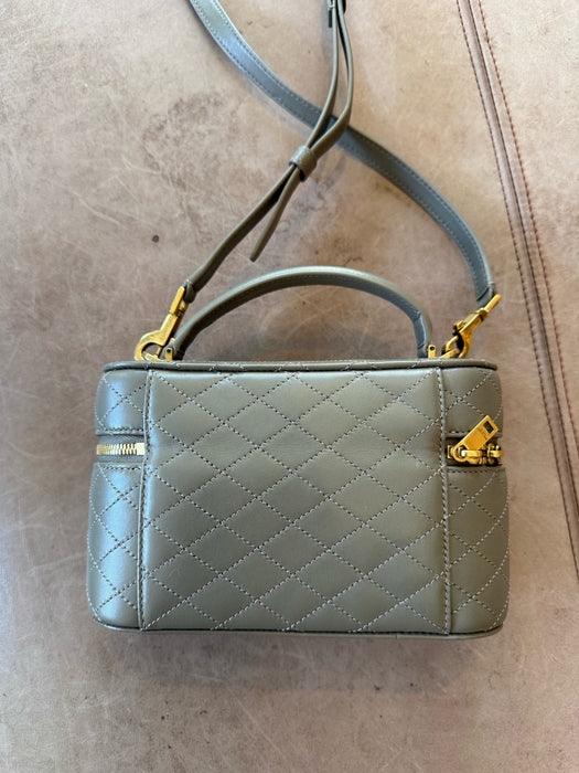 Saint Laurent Taupe & Gold Leather Zip Close Quilted Logo Crossbody Strap Bag