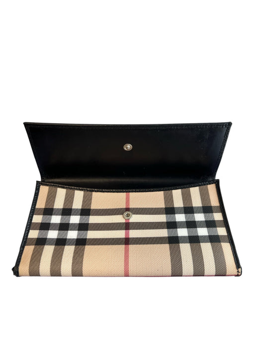 Burberry Beige Coated Cotton Leather trim Nova Check Snap Closure Long Wallets