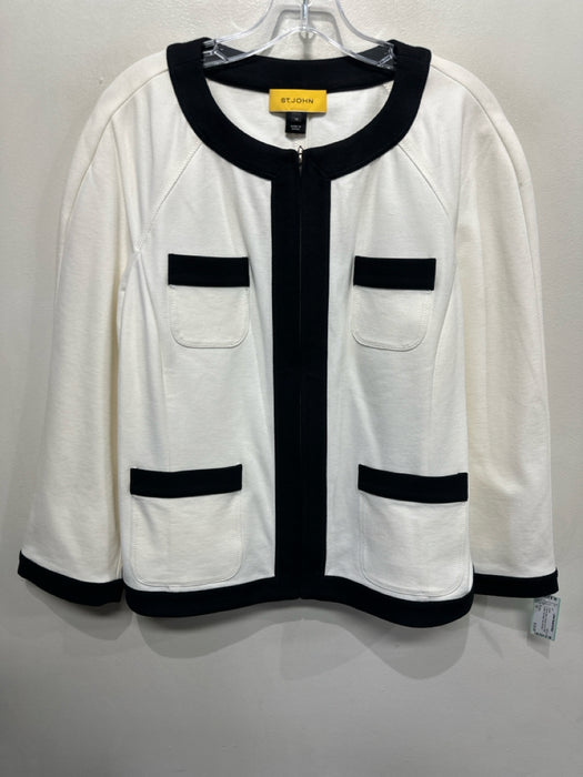 St. John Size 14 Cream & Black Viscose Zip Up Patch Pocket Trim Detail Jacket