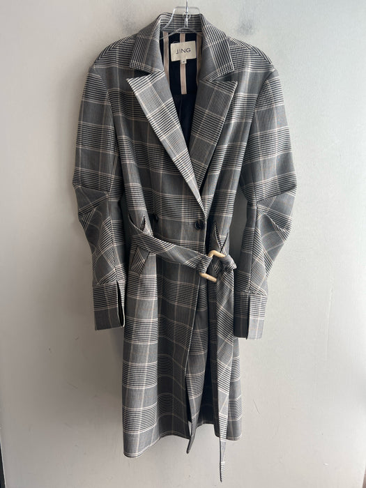 J.Ing Limited Size M Black, Cream, Tan Polyester Blend Plaid Belted Coat