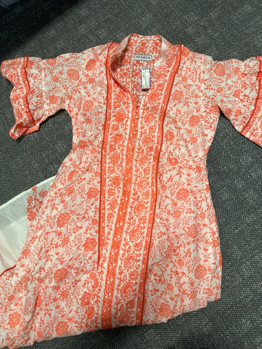 Sue Sartor Size M Orange & White Cotton Bell Sleeve Block Print Belted Dress