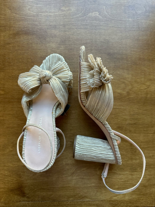 Loeffler Randall Shoe Size 9 Gold Canvas Pleated Metallic Bow Block heel Sandals