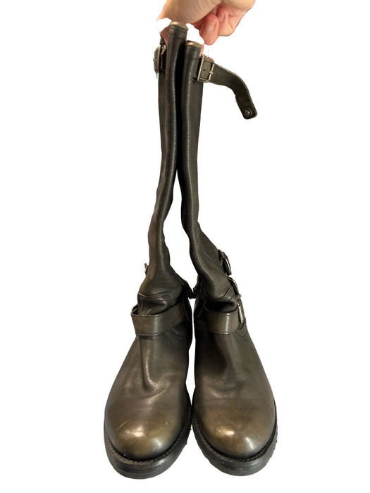 Frye Shoe Size 9.5 Greenish Black Leather Almond Toe Back Zip Moto Boots