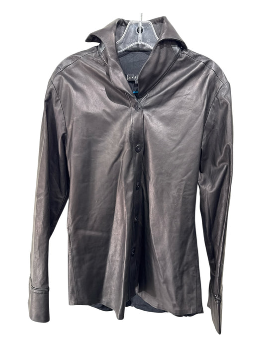 Linda Loudermilk Size 6 Brown Black Leather Collared Button Down Jacket Brown Black / 6