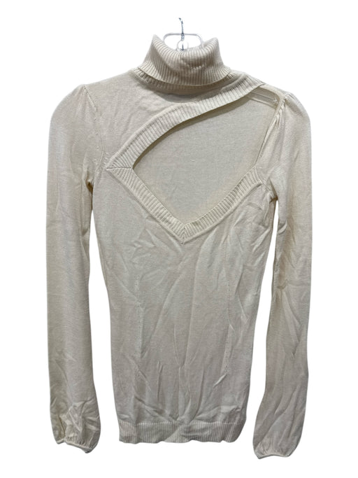 Linda Loudermilk Size XS Cream Silk Blend Knit V Neck Cut Out Turtleneck Sweater Cream / XS